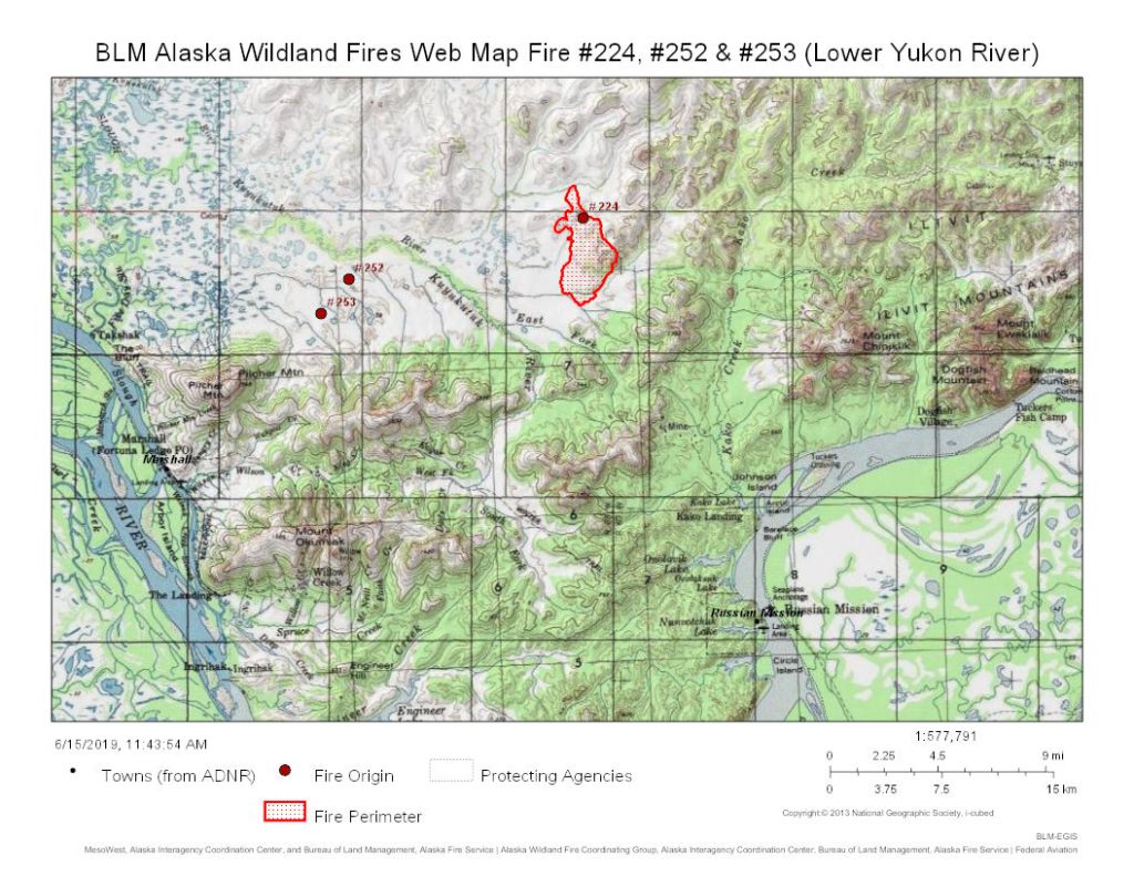 Map of fires burning north of Russian Mission and Marshall on June 15, 2019.