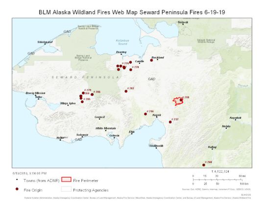 Map showing location of active fires on the Seward Peninsula.