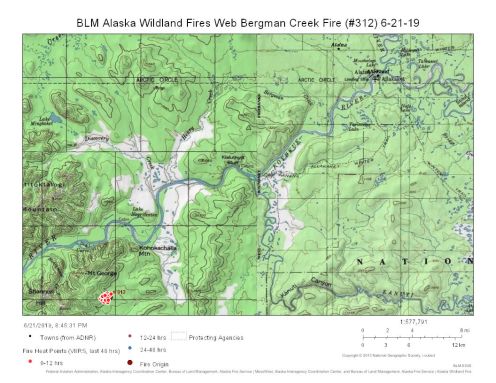 Map of Bergman Creek Fire burning south of Allakaket on June 21, 2019.