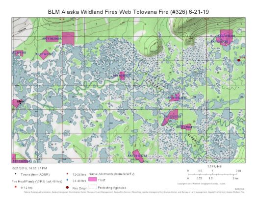 Map of Tolovana Fire burning east of Minto on June 21, 2019.