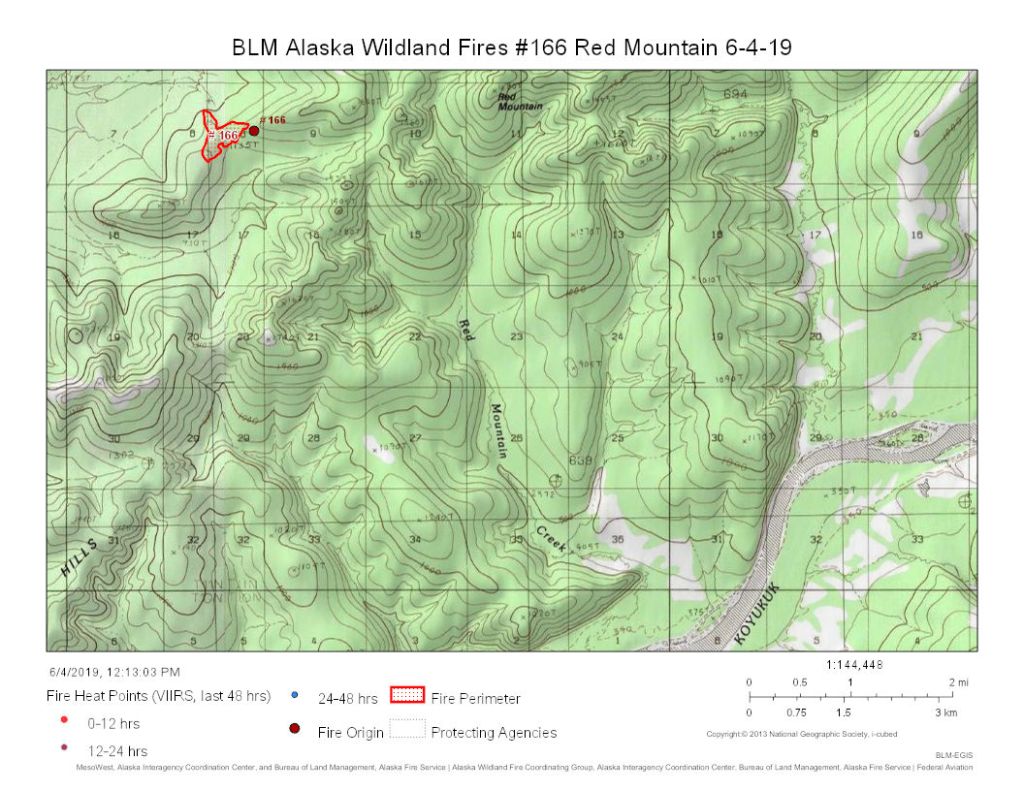 Map of Red Mountain Fire burning about 23 miles northeast of Hughes on the opposite side of the Koyukuk River.