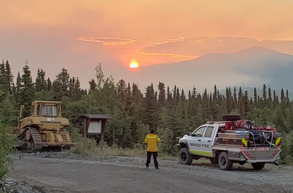 Nikiski Fire Brush Truck  is working closely with a bulldozer putting in a contingency line.
Photo:Kassidy Stock, Nikiski Fire