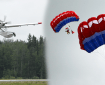 Graphic showing Fire Boss aircraft dropping water and Alaska smokejumpers during a training jump.