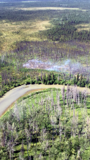 Division of Forestry Kenai-Kodiak Area firefighters and two helicopter are working hard to contain the Killey Fire (#413) burning near east of Browns Lake near Sterling on Sunday night. Photo by Division of Forestry