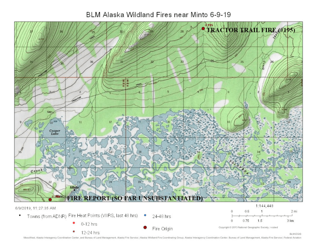 Map of Tractor Trail Fire burning northeast of Minto and a fire report that has been so far unsubstantiated.