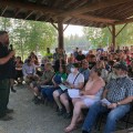 Norm McDonald, incident commander for the Alaska Type 2 Green Incident Management Team, addresses a crowd of about 180 people at a community meeting regarding the Shovel Creek Fire at the Ken Kunkel Community Center on Wednesday night, June 26, 2019. Photo by Tim Mowry/Alaska Division of Forestry