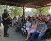Norm McDonald, incident commander for the Alaska Type 2 Green Incident Management Team, addresses a crowd of about 180 people at a community meeting regarding the Shovel Creek Fire at the Ken Kunkel Community Center on Wednesday night, June 26, 2019. Photo by Tim Mowry/Alaska Division of Forestry