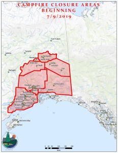A map showing the areas where call campfires will be prohibited effective July 9, 2019. 