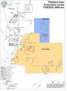 A map showing the areas that "Level 1: Ready" and "Level 2: Set" evacuation notices have been issued for the Malaspina and Montana Creek fires near Talkeetna. 