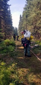 Firefighters from the Alaska Division of Forestry haul hose and other supplies down a trail to access and mop up the M.L.K. Fire in East Anchorage on Wednesday, July 3, 2019. Photo by Stephanie Bishop/Alaska Division of Forestry
