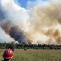 A firefighter watches smoke rise up from the Rainbow 2 Fire on Saturday, July 20, 2019 as the fire burns through pockets of unbruned black spruce in the interior of the fire. Photo by Thomas Grubs/Alaska Division of Forestry