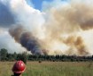 A firefighter watches smoke rise up from the Rainbow 2 Fire on Saturday, July 20, 2019 as the fire burns through pockets of unbruned black spruce in the interior of the fire. Photo by Thomas Grubs/Alaska Division of Forestry
