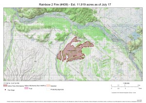 A map showing the perimeter of the Rainbow 2 Fire about 15 miles northwest of Delta Junction. For a downloadable PDF version of the map go to 
