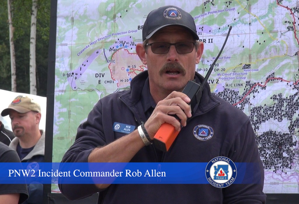 PNW2 Incident Commander Rob Allen delivers closing content at the July 3rd morning briefing. Photo credit: Kale Casey/PNW2/DNR Alaska Division of Forestry