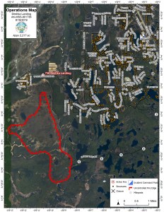 This map shows the perimeter and location of the 2, 217-acre Deshka Landing Fire in relation to homes and cabins to the east of the fire. 