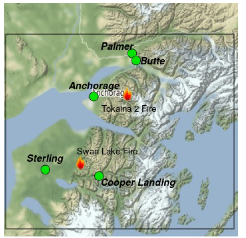 Map shows good air quality in communities of Sterling, Cooper Landing, Anchorage, Butte, and Palmer surrounding the active Swan Lake and Tokaina 2 fires.