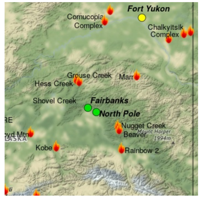 Map shows multiple active fires in Interior Alaska and shows that air quality is good in Fairbanks and North Pole, but moderate in Fort Yukon.