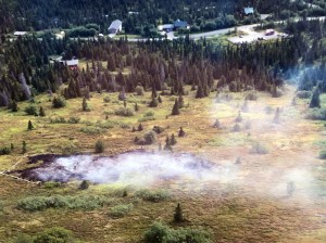 This photo of the South Fork Fire taken Monday morning by Mat-Su Area Forestry helitack crew member Colton Stegner shows the proximity of the fire to residences in the area. Photo by Colton Stegner/Alaska Division of Forestry.