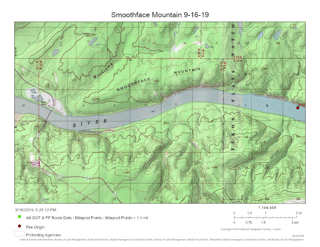 The Smoothface Mountain Fire (#811) is burning about 8 miles up the Yukon River from the Dalton Highway crossing.