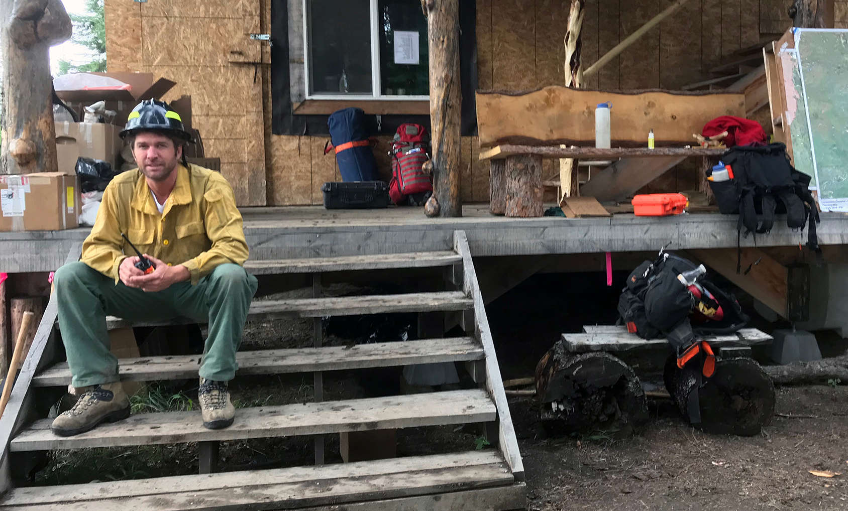 Photo of Fire Medic Evan Dale while assigned to the Hadweenzic River Fire in August 2019.