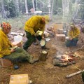 Photo of From left to right, firefighters Lakota Burwell, Troy Coberly, Charlie Pohlman, Sarah Nelson and Brian Pitts cook diner over a fire while on the Zitziana River Fire in June of 2018. Photo by Beth Ipsen, BLM AFS public affairs specialist