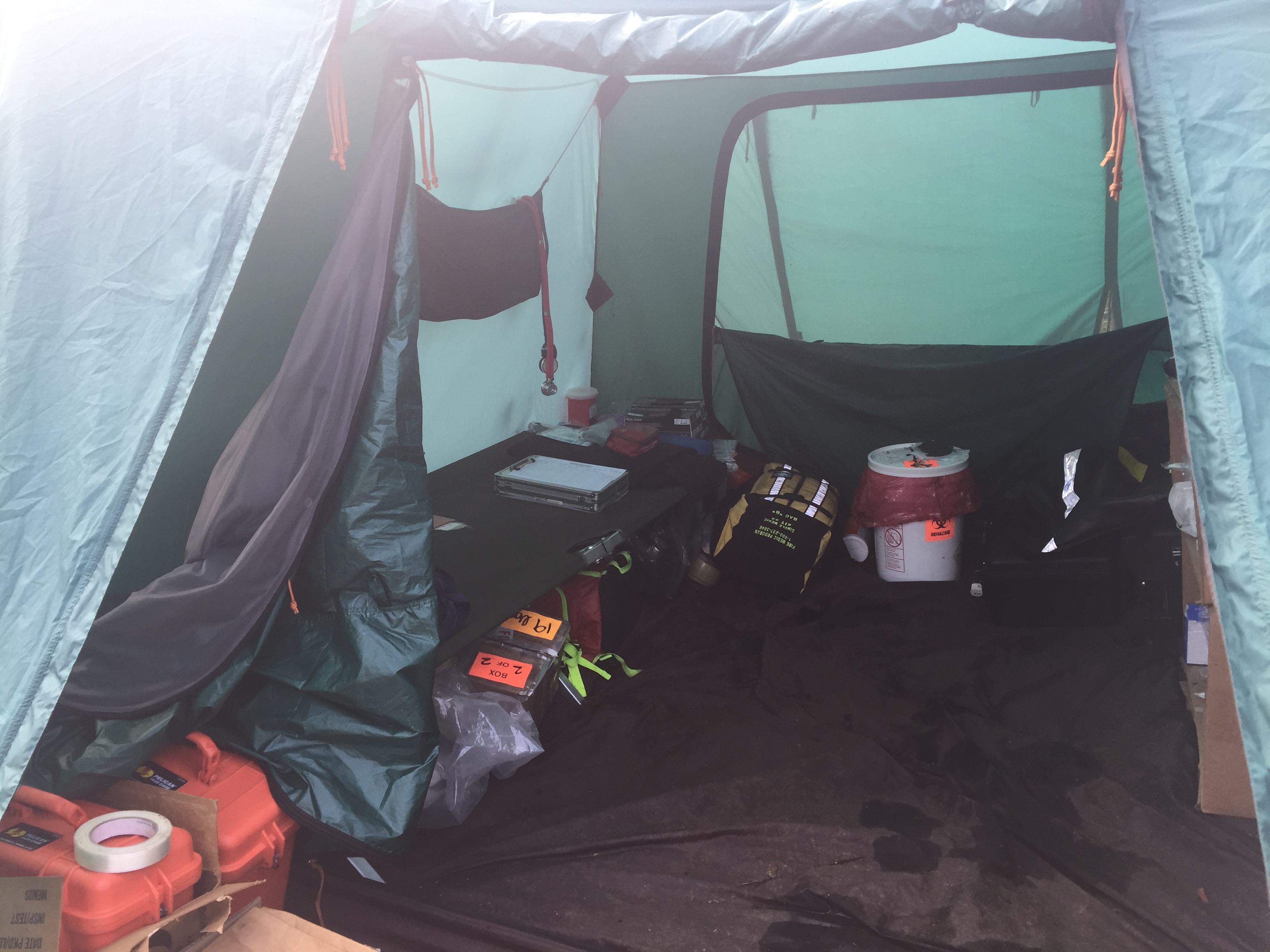 Photo of the inside a Fire Medic tent on a remote fire in Alaska.