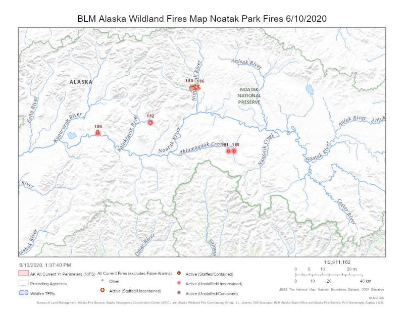 Map of fires burning on the Noatak National Preserve on June 10, 2020.
