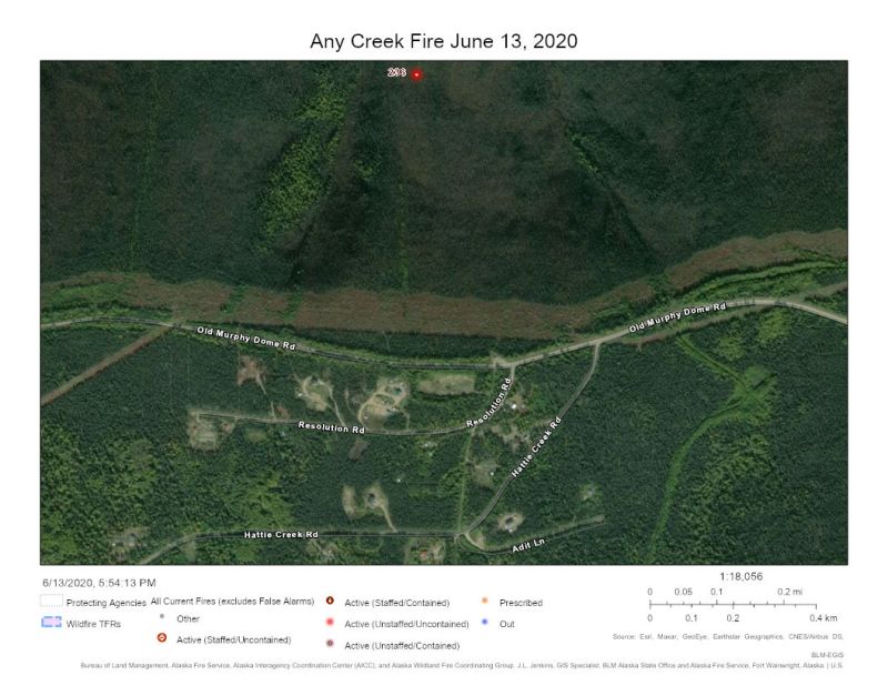 Map of Any Creek fire on June 13, 2020.
