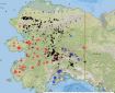 Map of Alaska showing fire and lightning strikes for June 4, 2020.