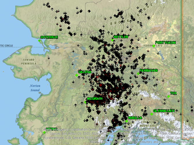 Map of lightning caused fires in Alaska on June 5, 2020.