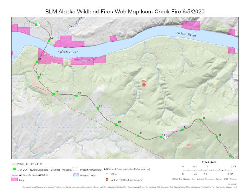 Map of Isom Creek Fire in relation to the Yukon River and Dalton Highway.