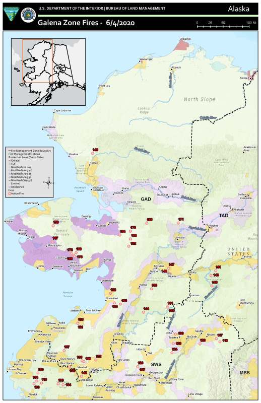Map of active fires in Western Alaska as of June 4, 2020.