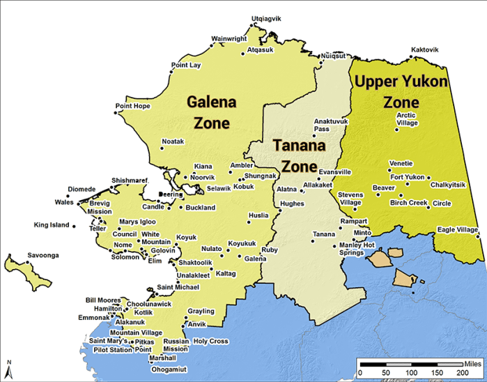 Map showing villages within the BLM Alaska Fire Service protection area covering the northern half of Alaska.