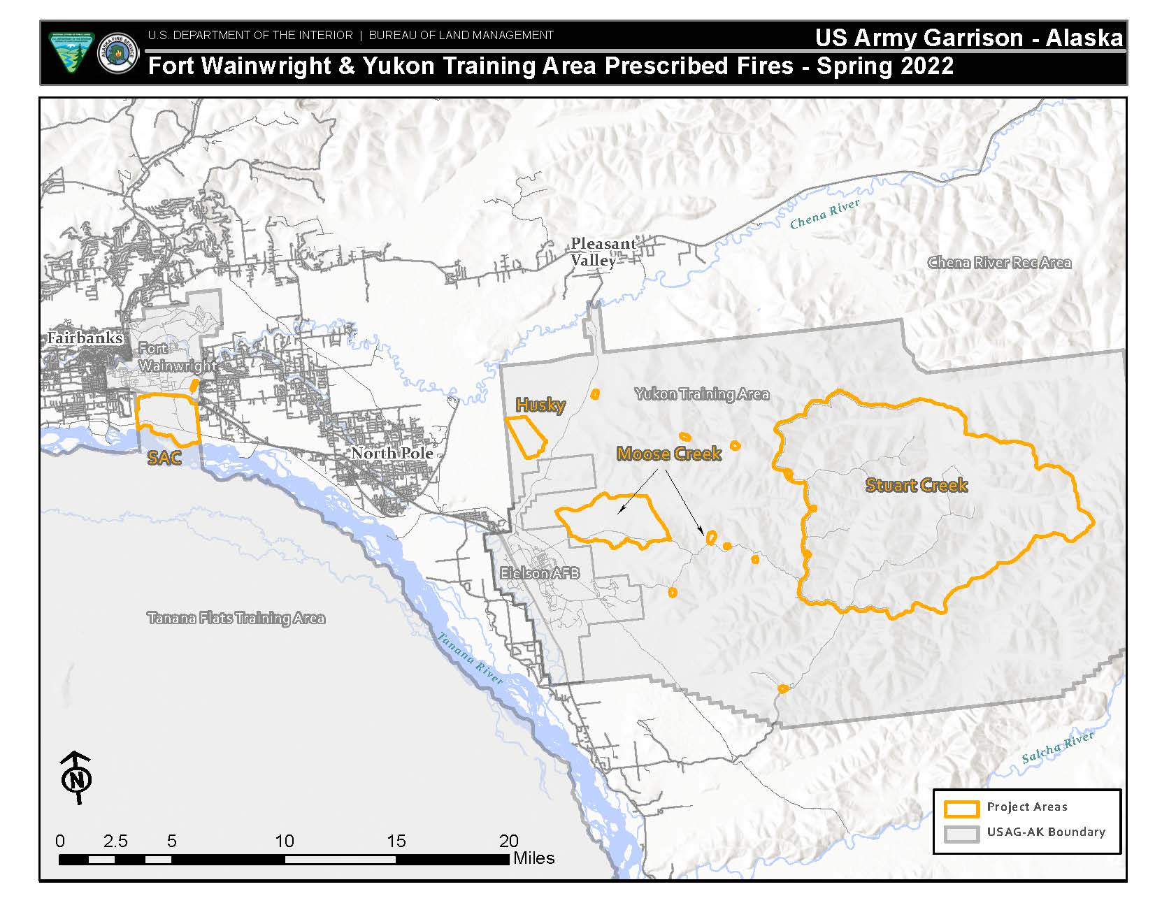 Map of ranges where prescribed burning will be conducted in the Yukon Training Area near Eielson Air Force Base and Small Arms Complex southeast of Fairbanks in May 2022.