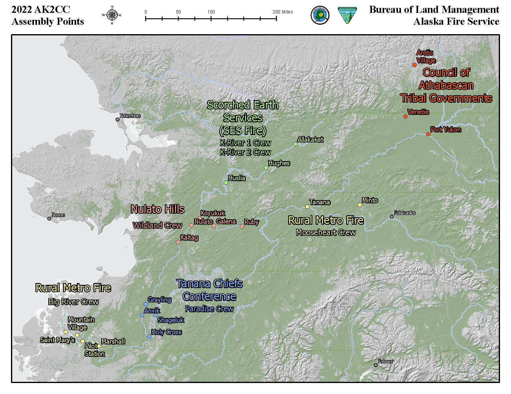 Map of Alaska with villages marking the various locations of contract crews.