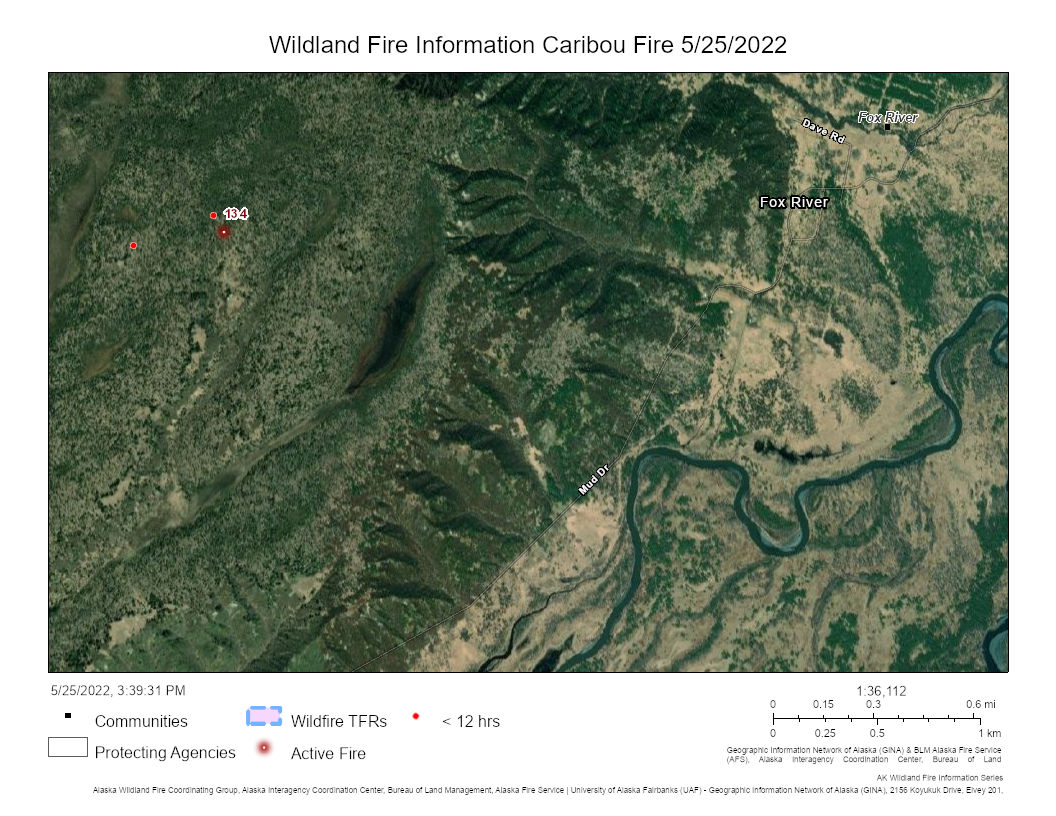 Map showing a lot of green land and a dot representing a fire near Fox River.