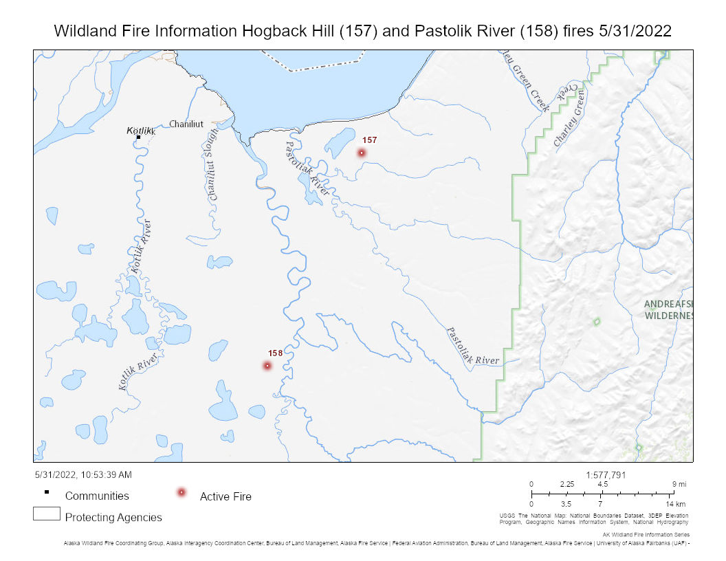 Map showing two fires in relation to rivers, a village and other bodies of water.