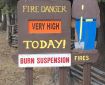 Photo of Smokey Bear wooden sign stating fire danger is very high today and burn suspensions are in place.