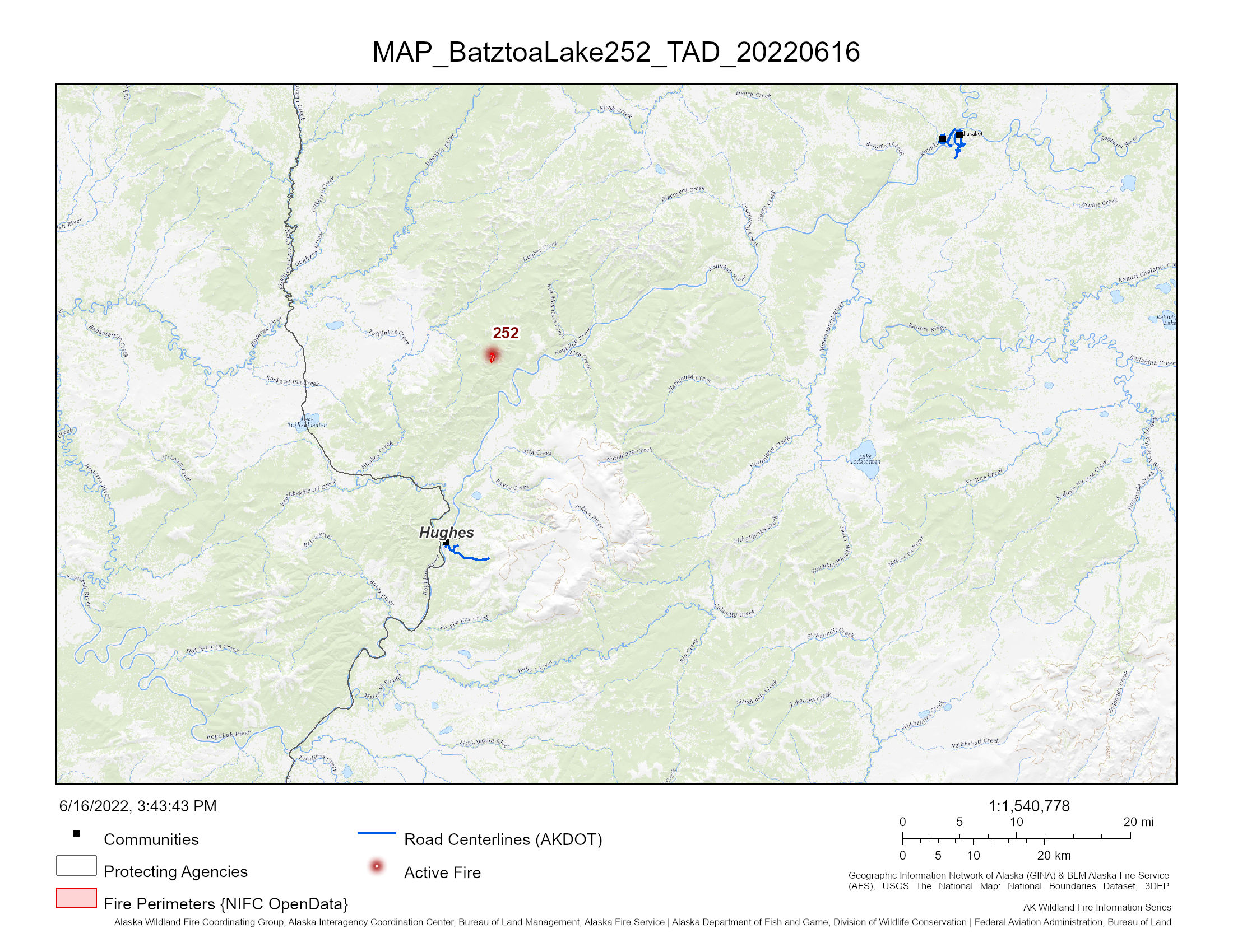 topographic map showing the location of a fire north of Hughes