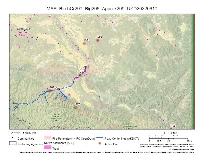 Map showing Circle, Alaska with several fires around it: numbers 297, 298 and 299