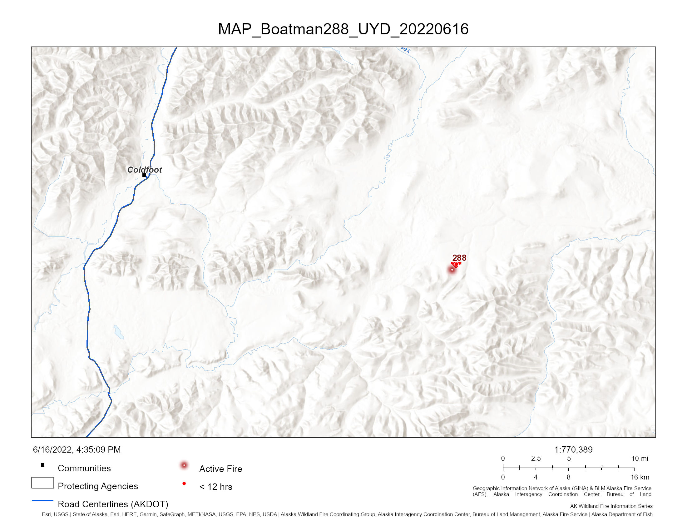 topographical map showing the location of a fire to the southeast of Coldfoot