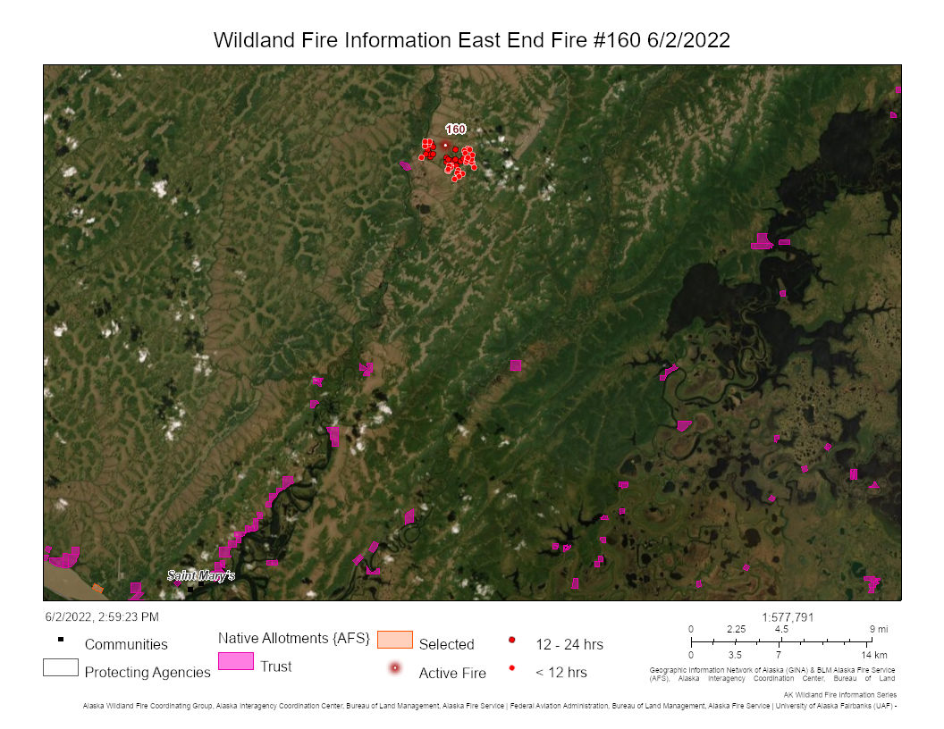 Map of East End Fire burning about 25 miles north of St. Mary's on June 2, 2022.