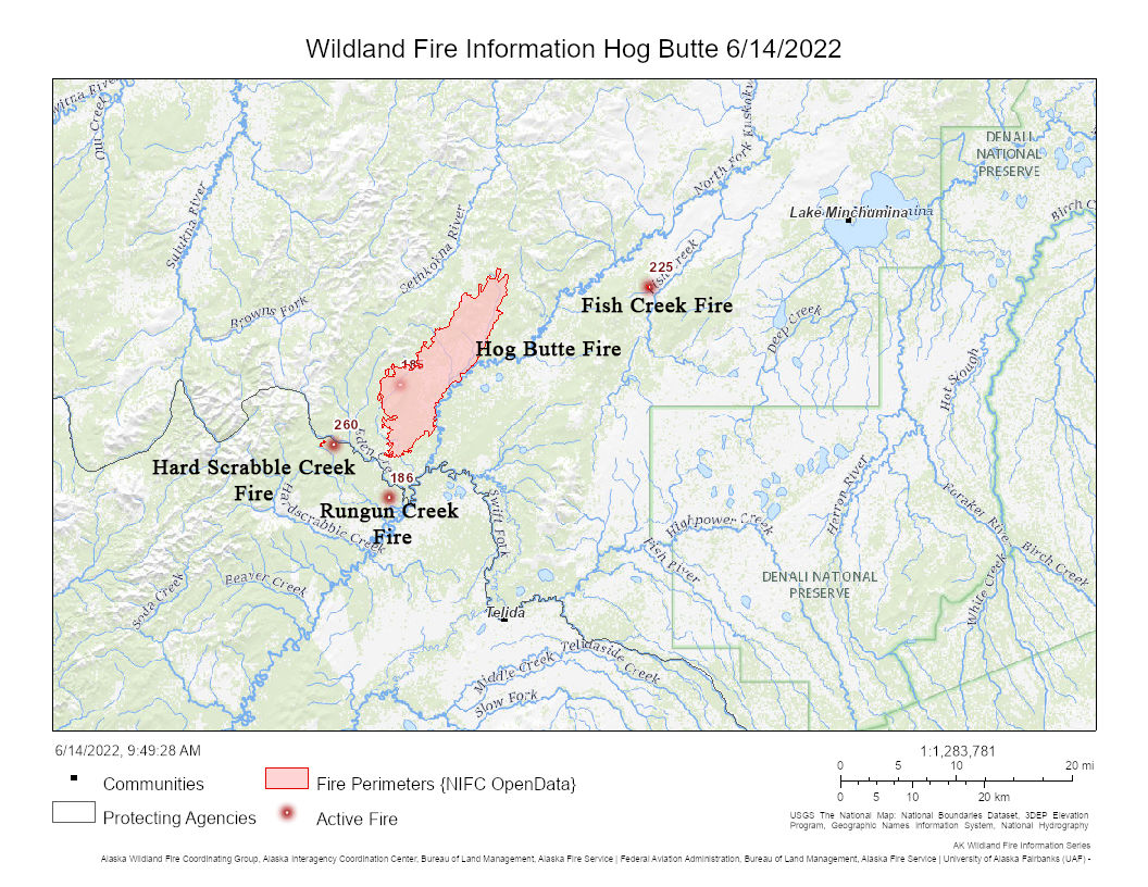 Map showing four fires in relationship to Lake Minchumina.
