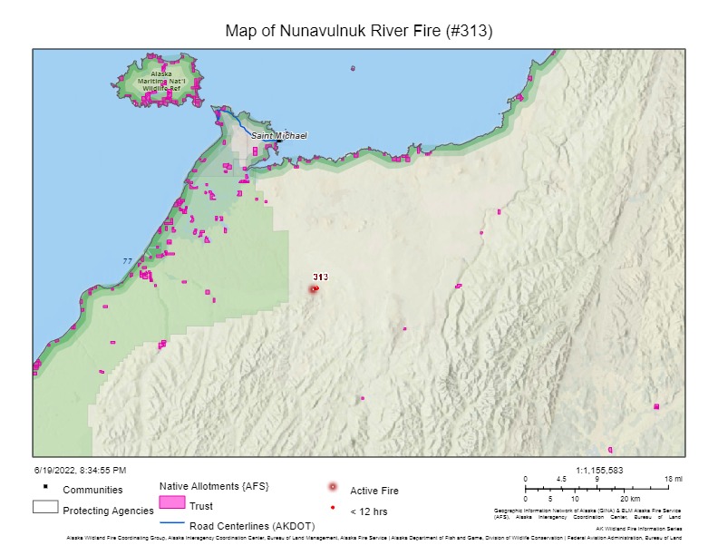 topographic map showing fire #313 south of Saint Michael
