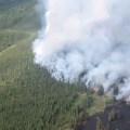Smoke visible from the reconnaissance flight about Fly Over reconnaissance flight above the Aghaluk Mountain Fire (#206). Isolated tree torching can also be seen in the black spruce.