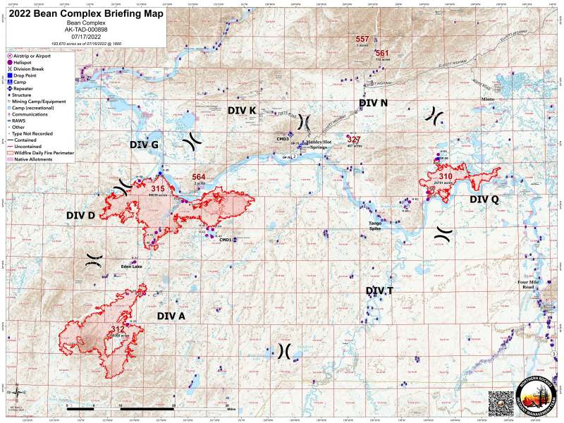 July 17, 2022 Map of the Bean Complex wildfire boundaries and natural features such as rivers and lakes. Map shows the fire perimeters within the Bean Complex.