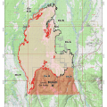 Map of the Clear Fire showing the fire perimeter. Map has a legend to explain different symbols on map, Division of Forestry Logo, and label as the public information map with acreage of 72,191