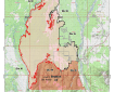 Map of the Clear Fire showing the fire perimeter. Map has a legend to explain different symbols on map, Division of Forestry Logo, and label as the public information map with acreage of 72,191