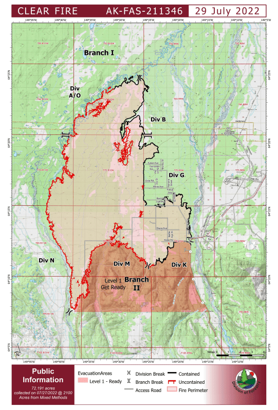 Map of the Clear Fire showing the fire perimeter. Map has a legend to explain different symbols on map, Division of Forestry Logo, and label as the public information map with acreage of 72,191