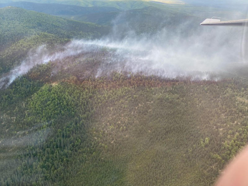 An aerial overview of the Galickson Creek Fire shows a light white smoke column amongst dark green spruce trees and lighter green hardwood trees. The terrain features hills and ridges.